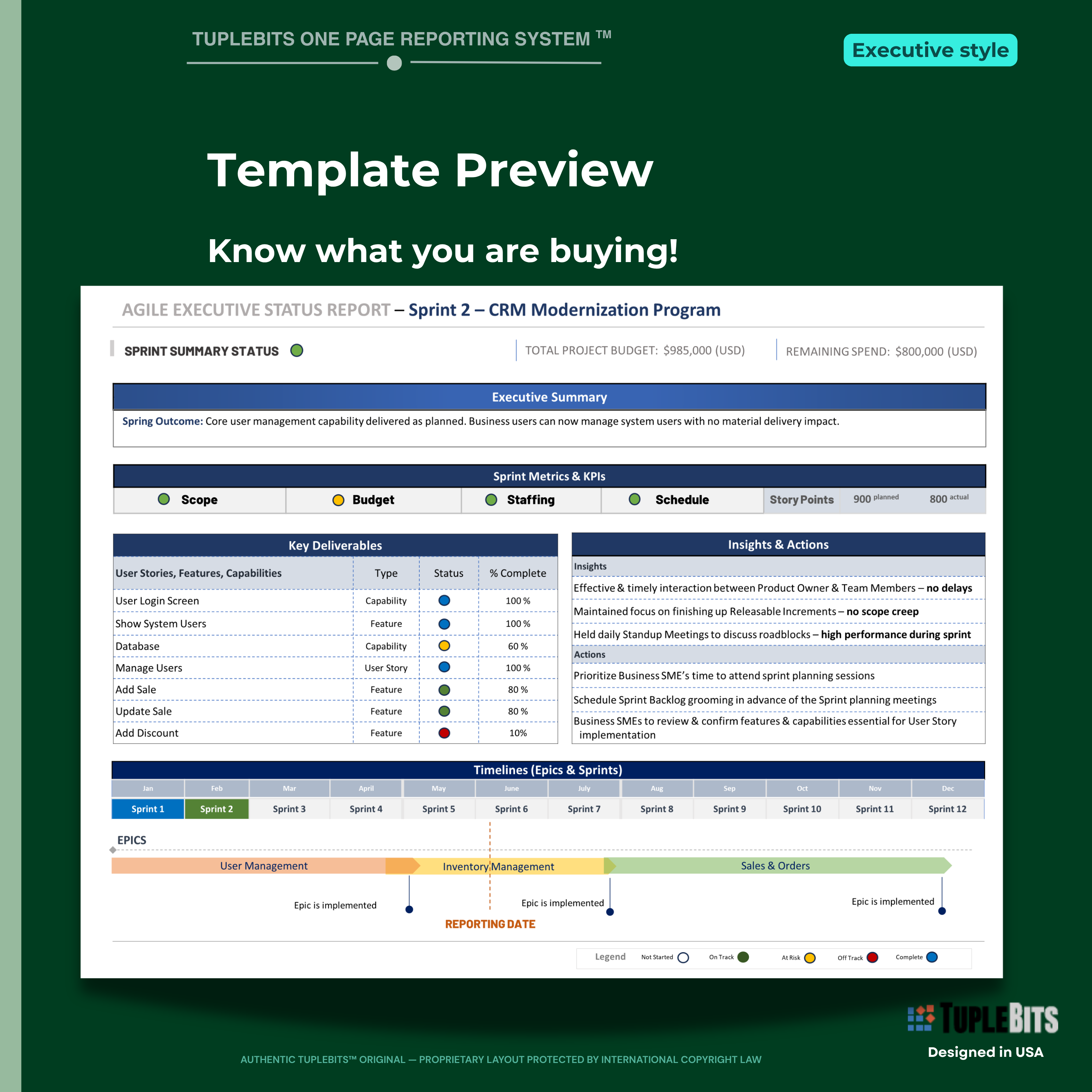 Agile executive bundle actions and decisions dashboard