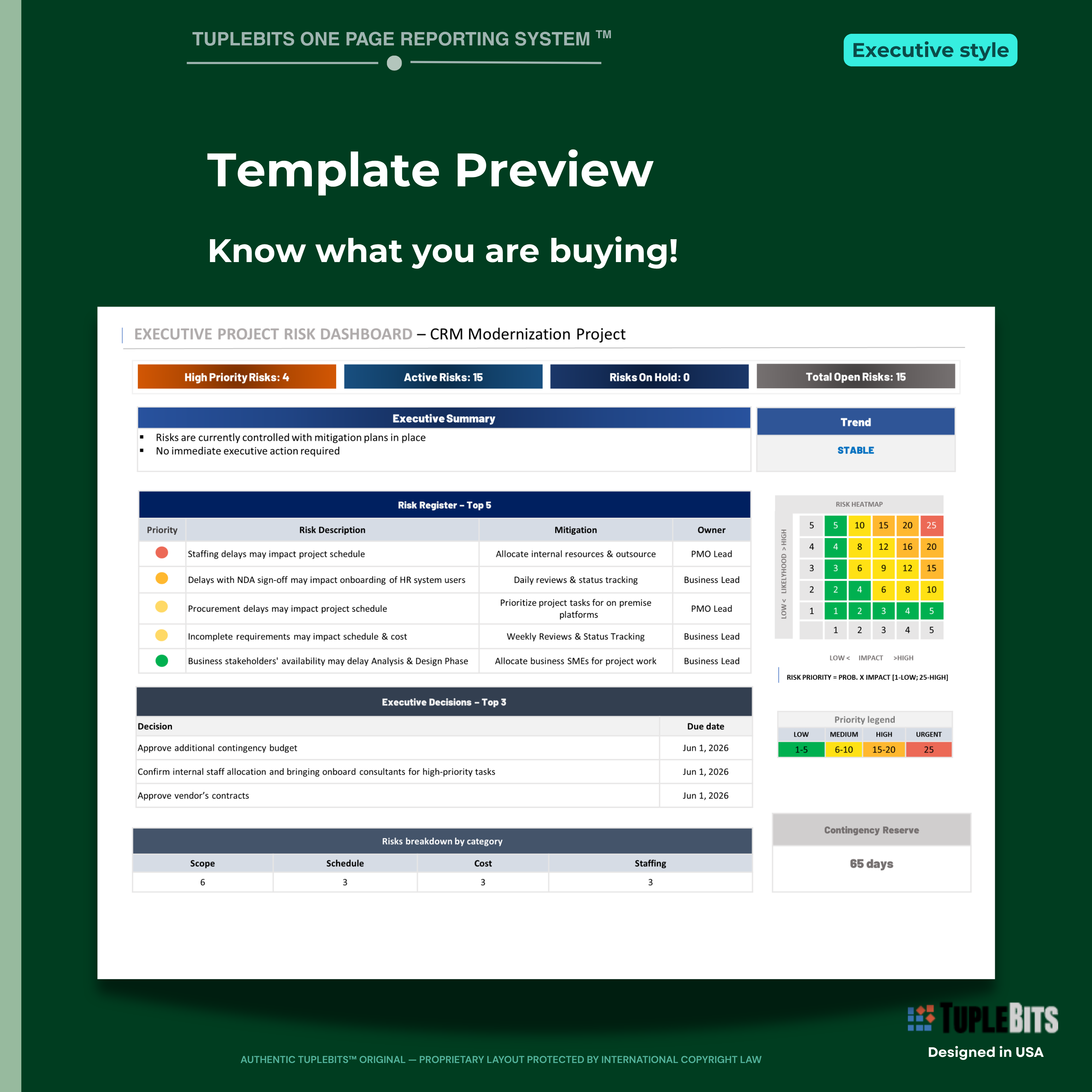 Agile executive bundle actions and decisions dashboard
