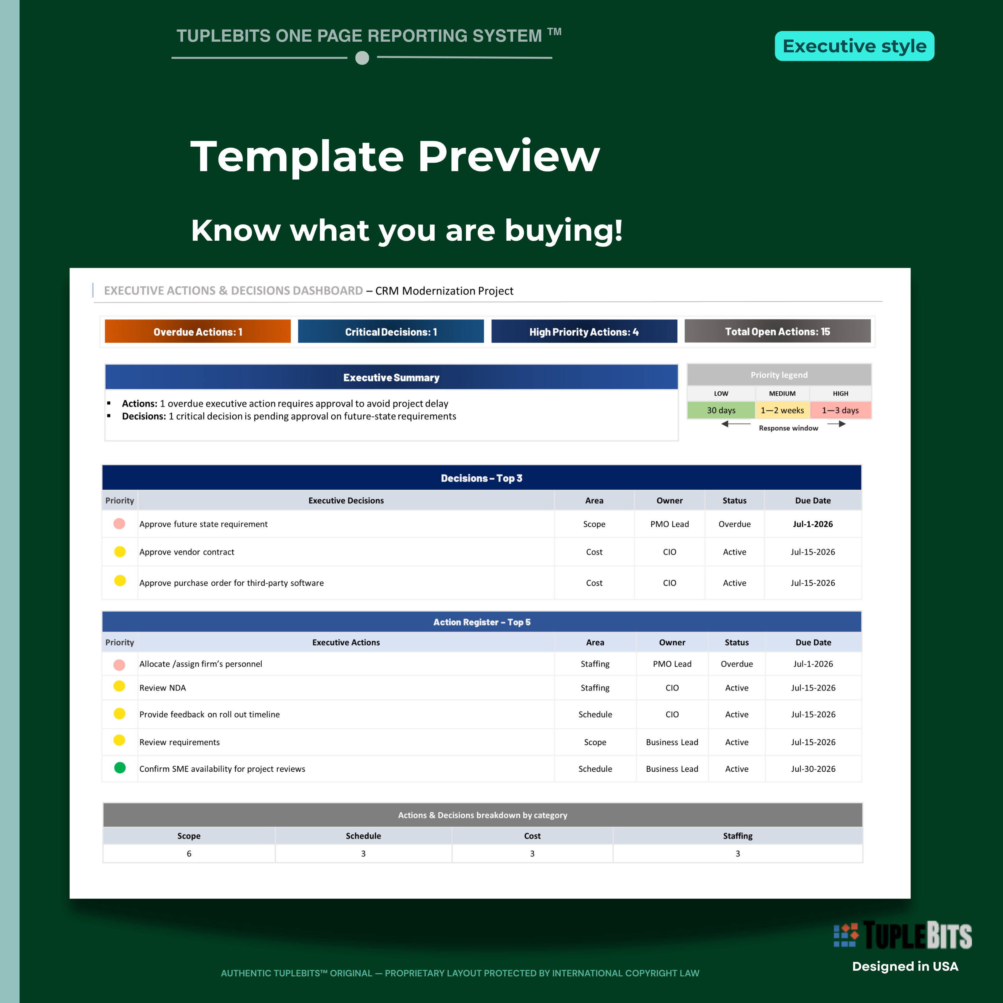 Agile executive bundle actions and decisions dashboard