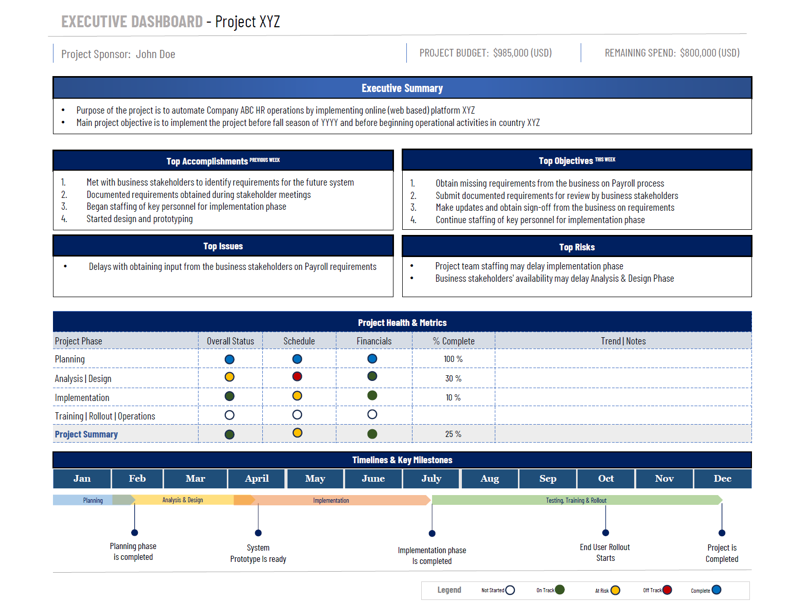 Executive Project Status Report Template preview